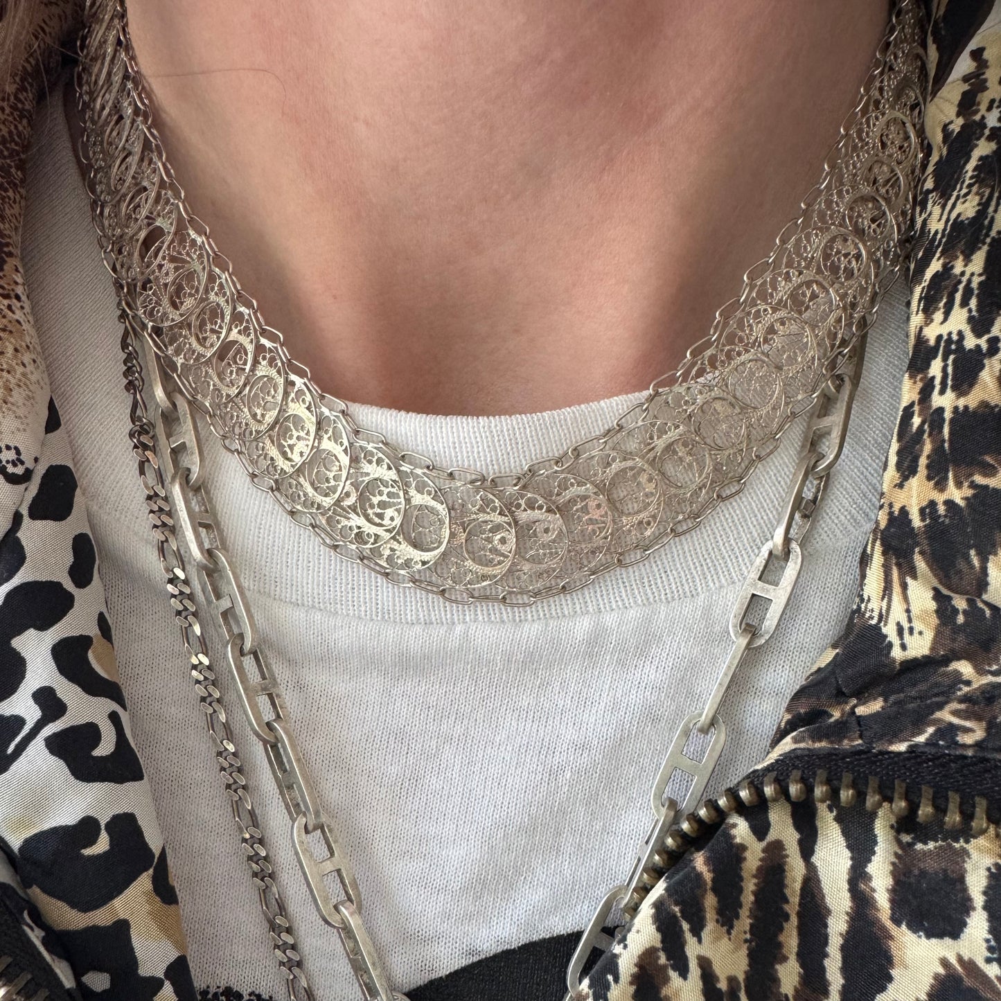 V I N T A G E // many many moons / sterling silver crescent moon filigree link flat chain necklace / 15", 18.8g