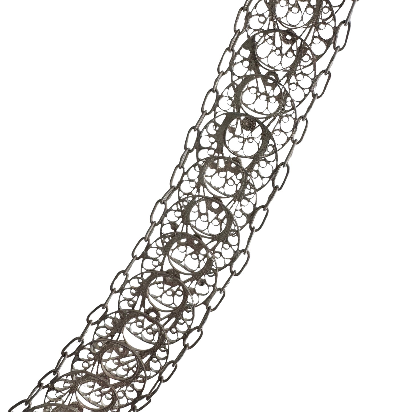 V I N T A G E // many many moons / sterling silver crescent moon filigree link flat chain necklace / 15", 18.8g