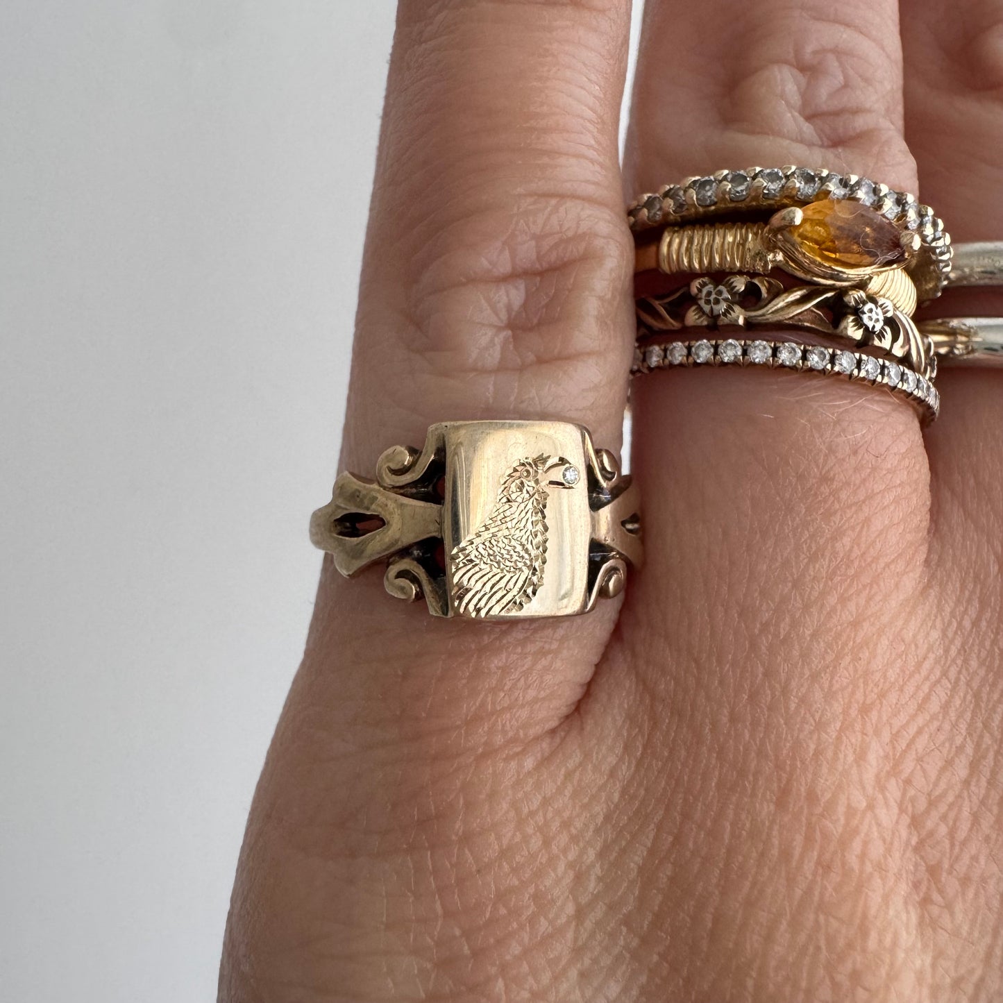 reimagined V I N T A G E // treasure seeker / 10k rosy gold signet with new crow engraving and diamond / size 4.5