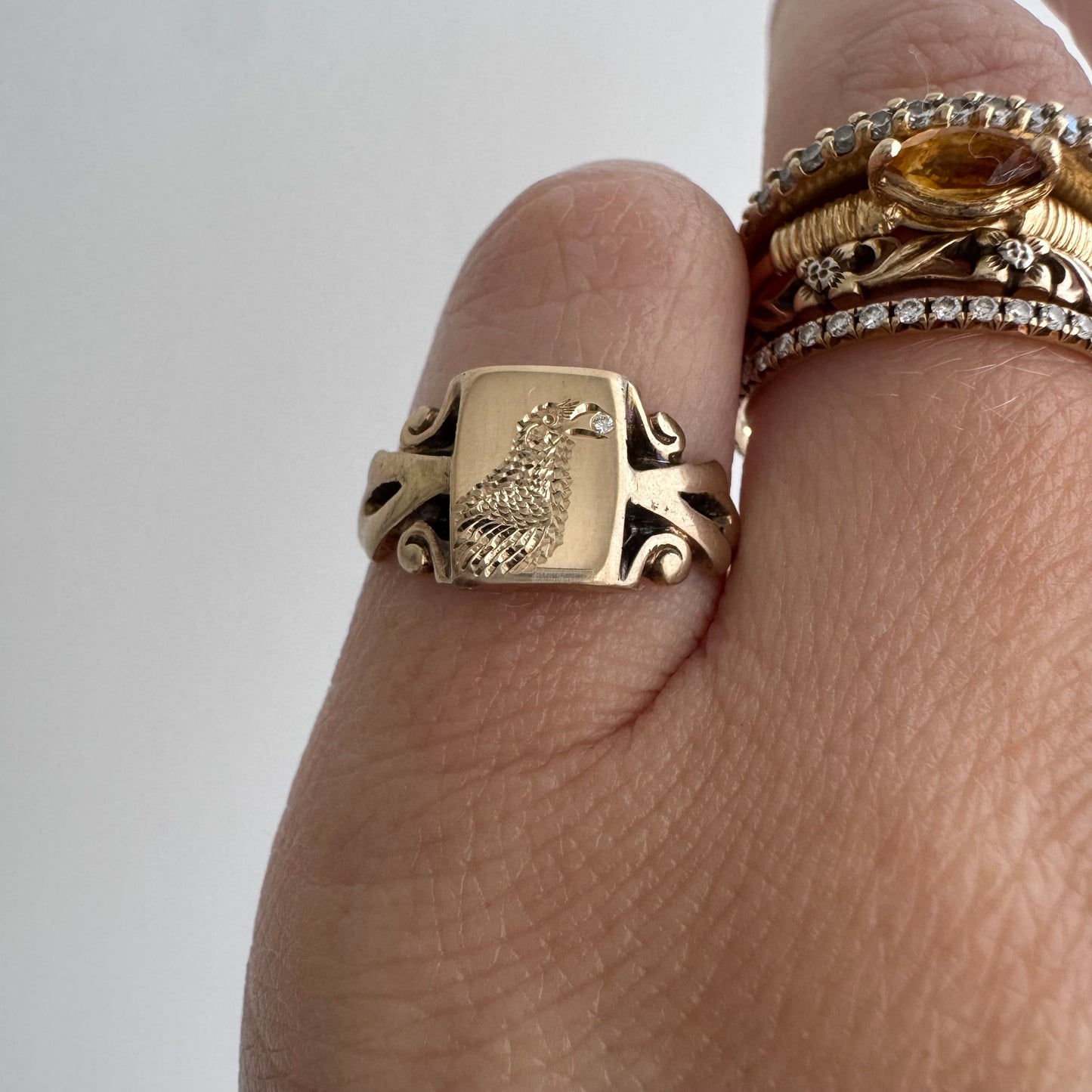 reimagined V I N T A G E // treasure seeker / 10k rosy gold signet with new crow engraving and diamond / size 4.5