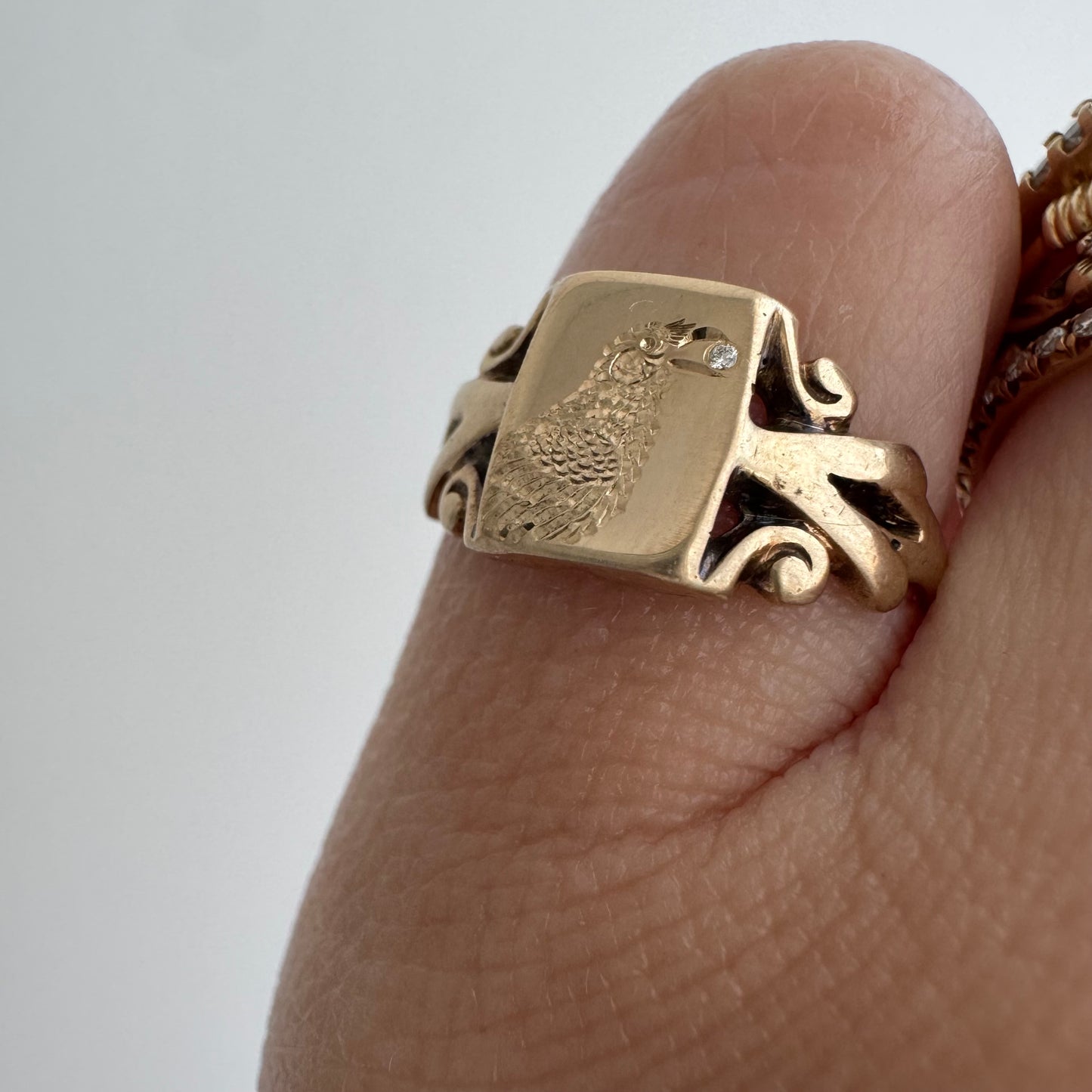 reimagined V I N T A G E // treasure seeker / 10k rosy gold signet with new crow engraving and diamond / size 4.5