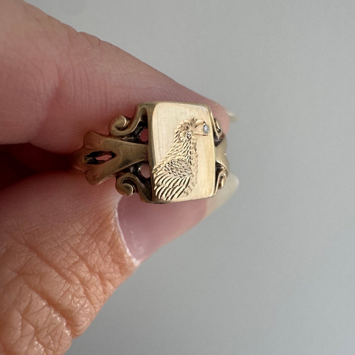 reimagined V I N T A G E // treasure seeker / 10k rosy gold signet with new crow engraving and diamond / size 4.5