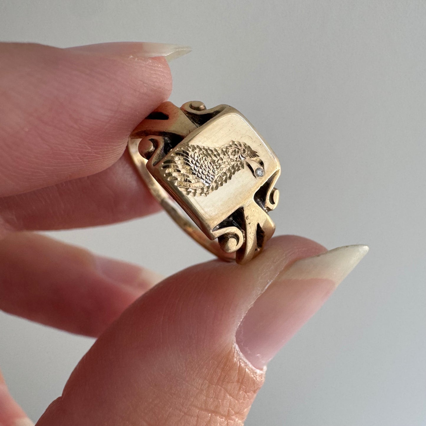 reimagined V I N T A G E // treasure seeker / 10k rosy gold signet with new crow engraving and diamond / size 4.5