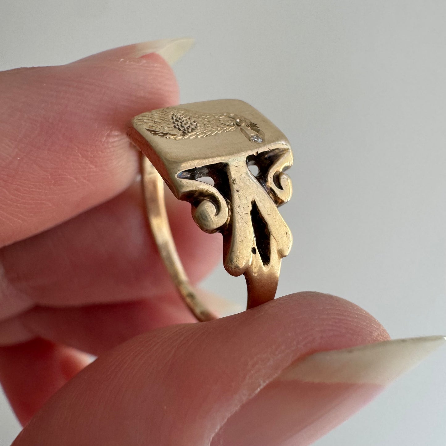 reimagined V I N T A G E // treasure seeker / 10k rosy gold signet with new crow engraving and diamond / size 4.5