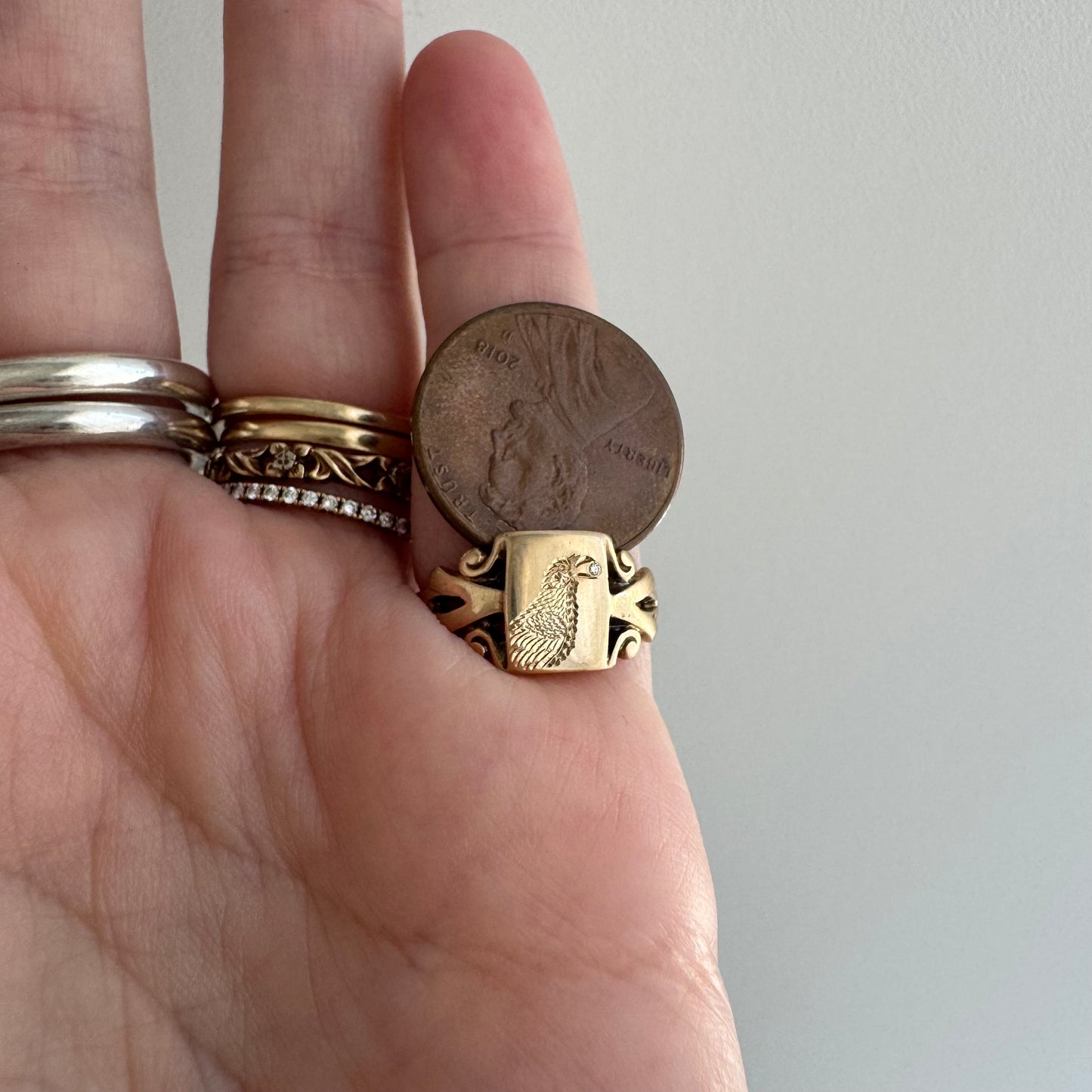 reimagined V I N T A G E // treasure seeker / 10k rosy gold signet with new crow engraving and diamond / size 4.5