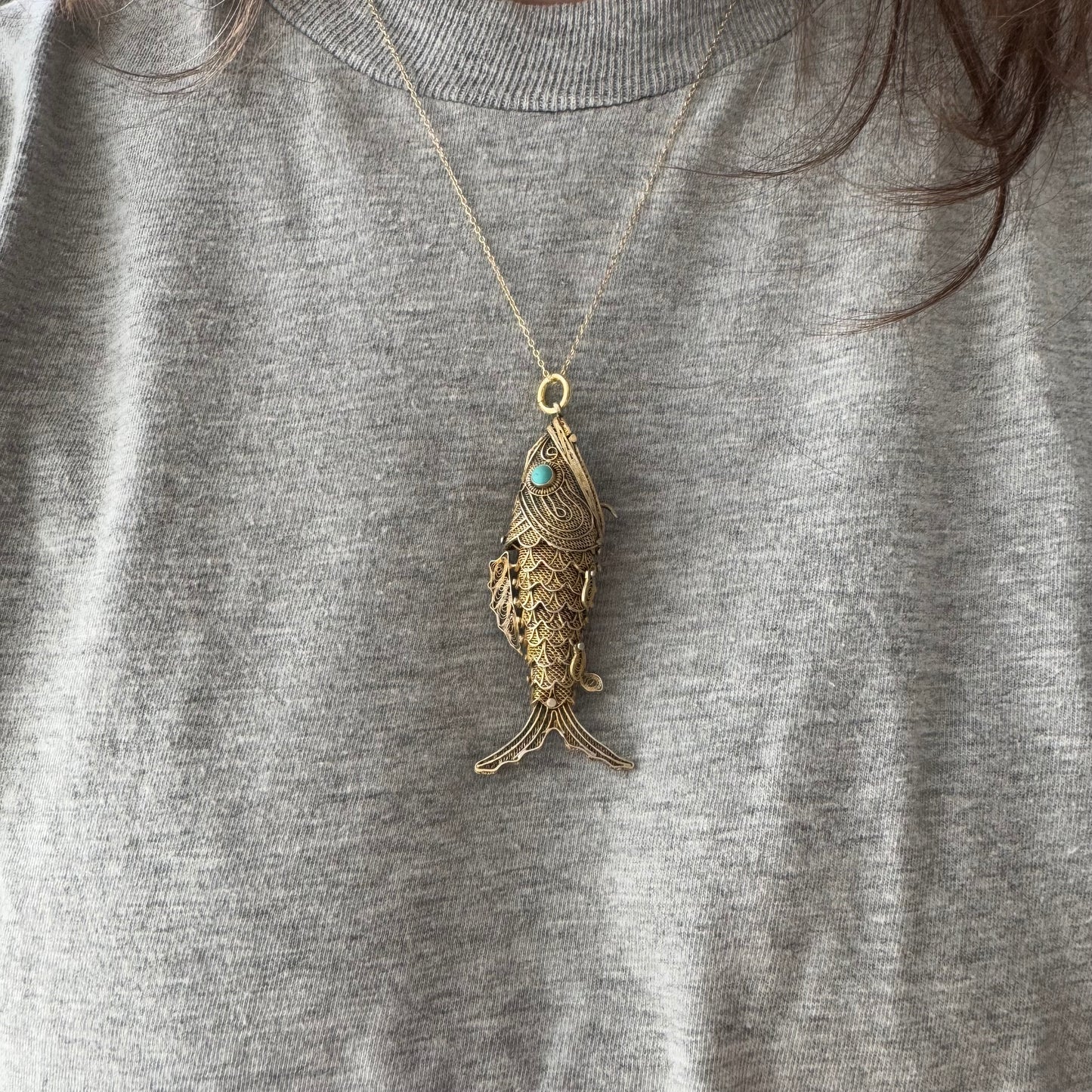 V I N T A G E // lucky catch / gold over sterling silver large articulated wiggle fish with a secret / a pendant