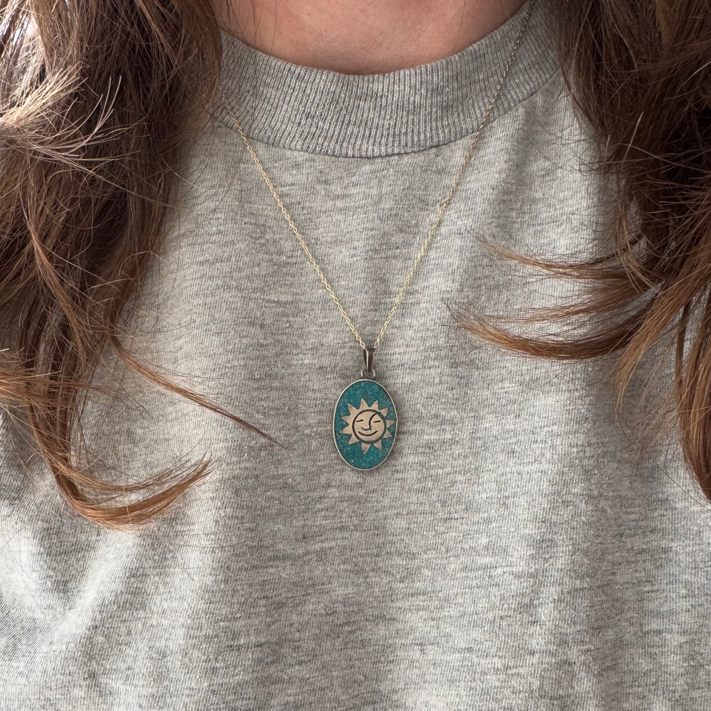 V I N T A G E // sun smile / sterling silver and crushed turquoise sun pendant / a pendant