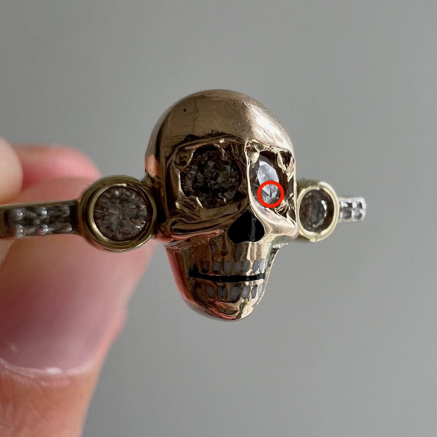 reimagined V I N T A G E // memento mori grin / solid 10k and diamond fraternal skull pin conversion ring / size 7.75