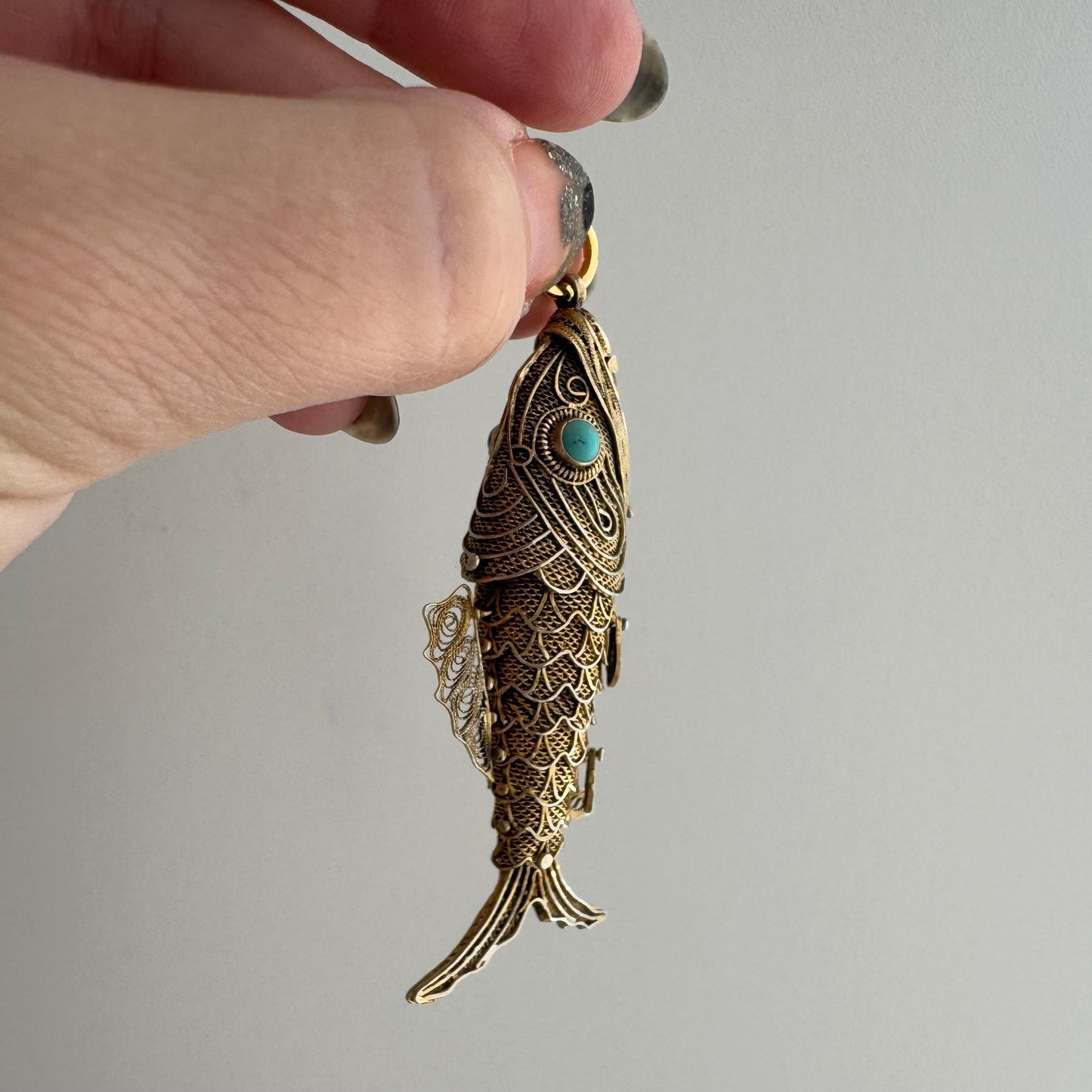 V I N T A G E // lucky catch / gold over sterling silver large articulated wiggle fish with a secret / a pendant