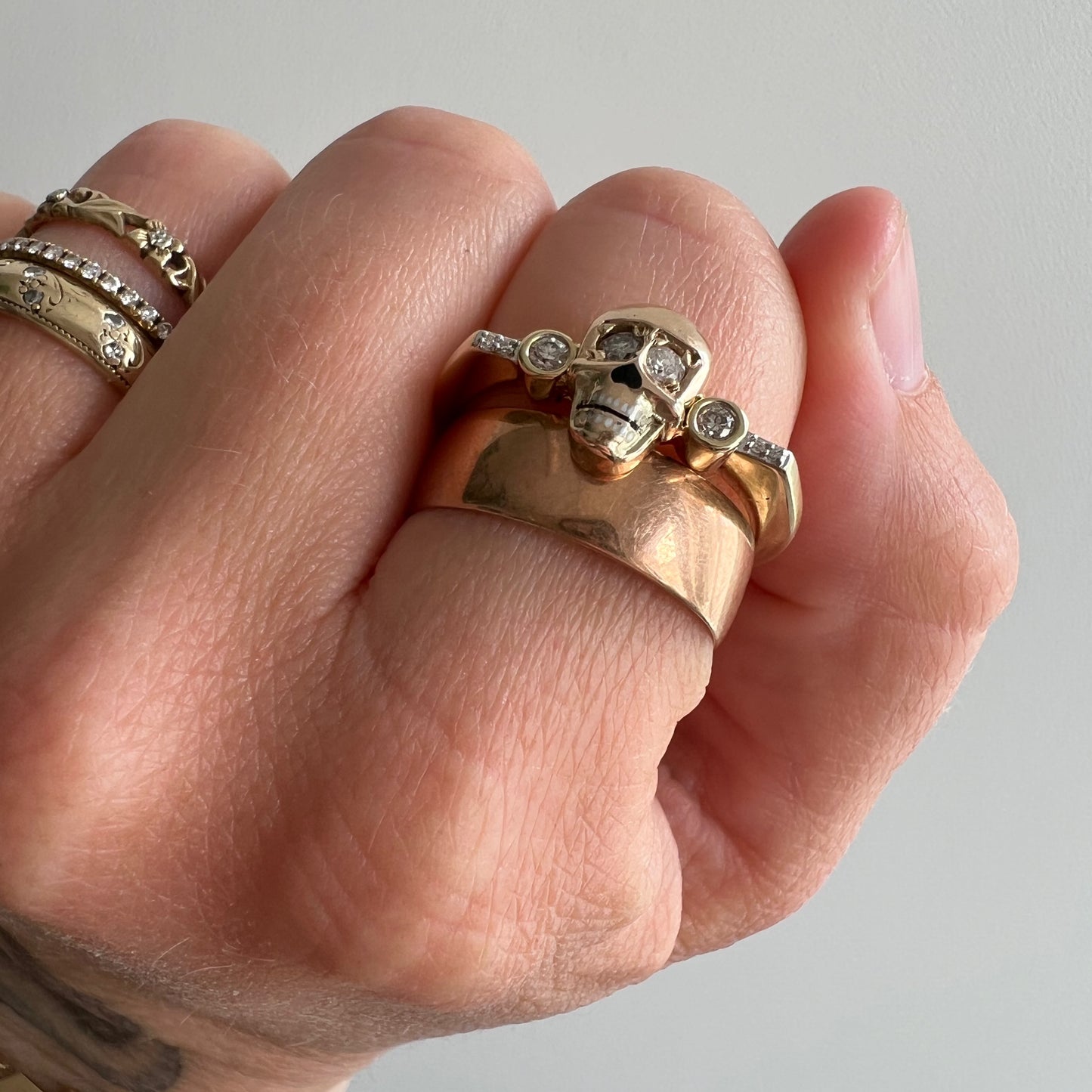reimagined V I N T A G E // memento mori grin / solid 10k and diamond fraternal skull pin conversion ring / size 7.75