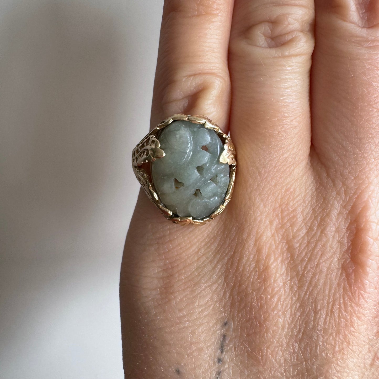 V I N T A G E // in a forest of ferns / 14k and jade floral and leaf statement ring / size 4.25