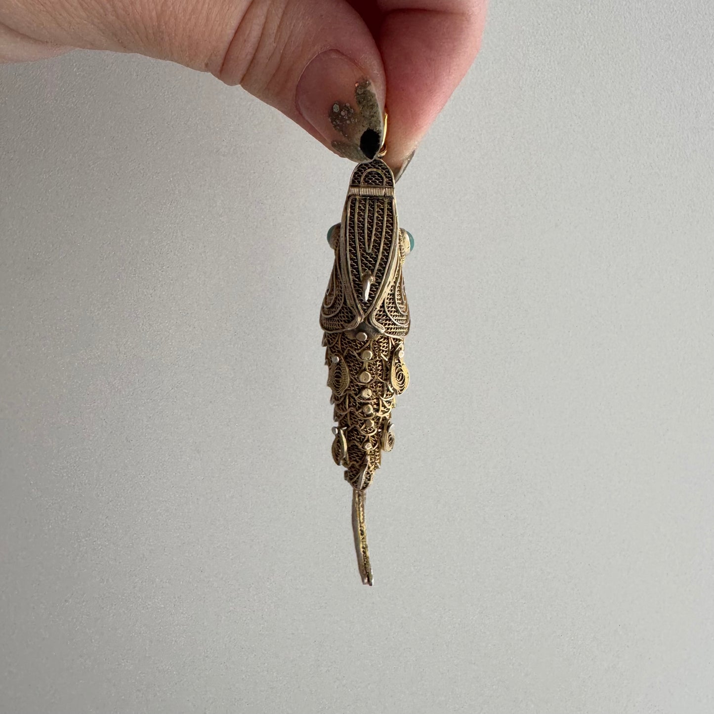 V I N T A G E // lucky catch / gold over sterling silver large articulated wiggle fish with a secret / a pendant