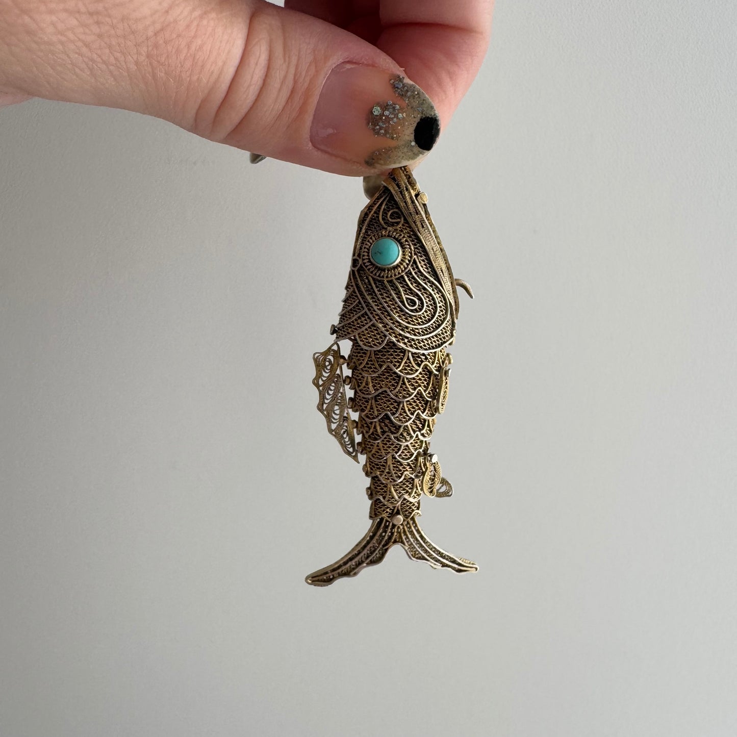 V I N T A G E // lucky catch / gold over sterling silver large articulated wiggle fish with a secret / a pendant