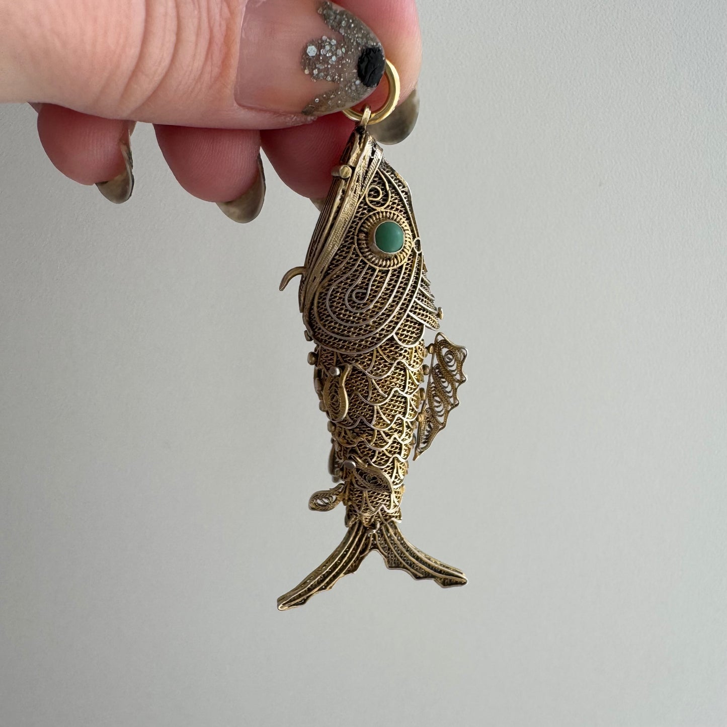 V I N T A G E // lucky catch / gold over sterling silver large articulated wiggle fish with a secret / a pendant