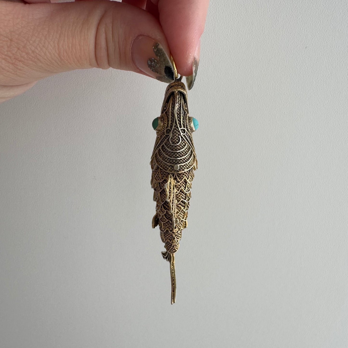 V I N T A G E // lucky catch / gold over sterling silver large articulated wiggle fish with a secret / a pendant