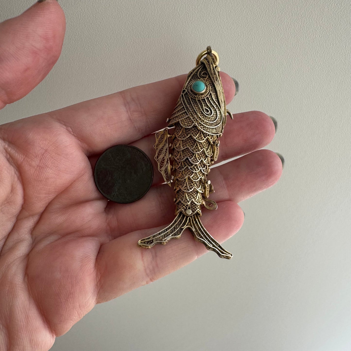 V I N T A G E // lucky catch / gold over sterling silver large articulated wiggle fish with a secret / a pendant