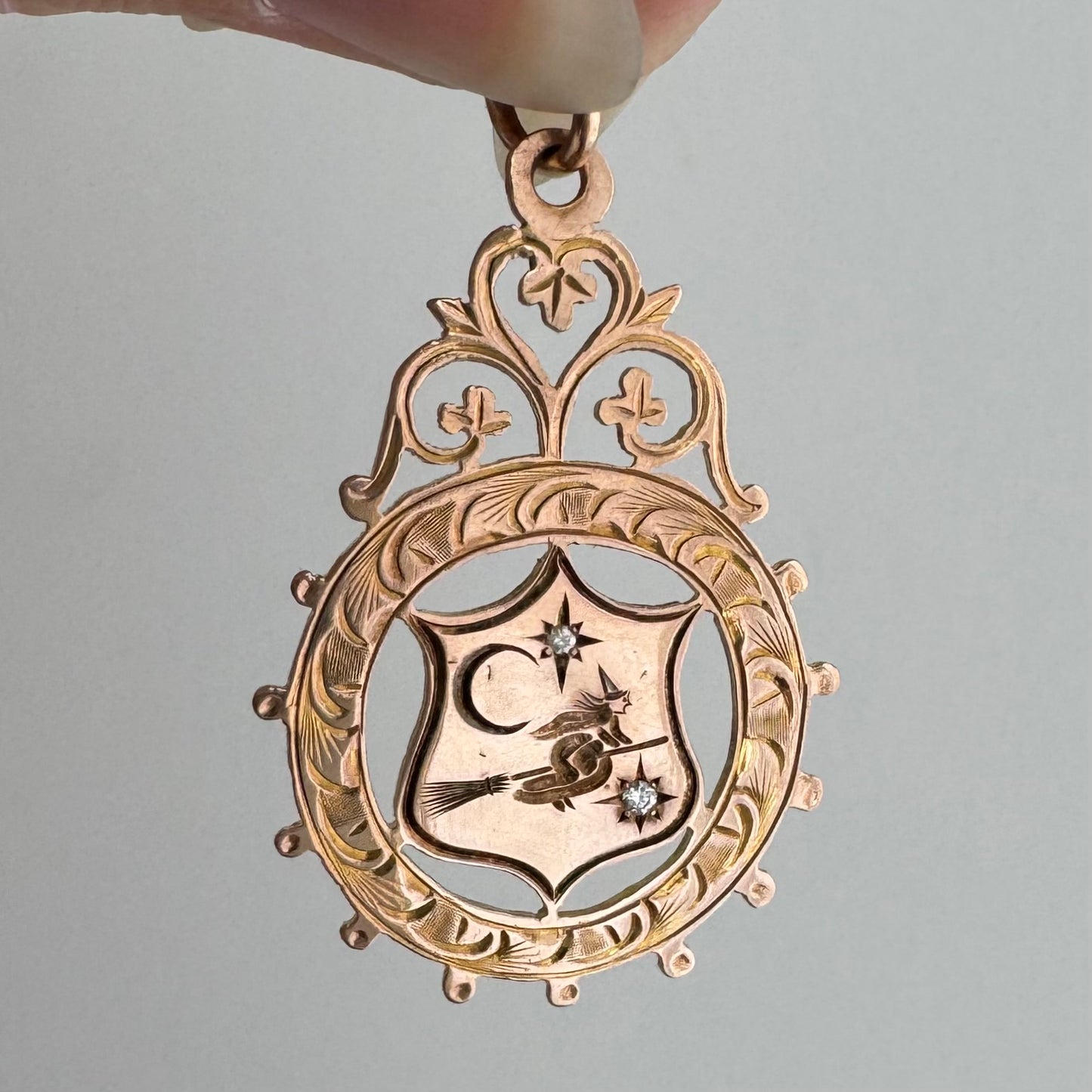 reimagined V I N T A G E // the best witch / 9k + diamonds witch flying on a broom in the night sky / a medal or pendant