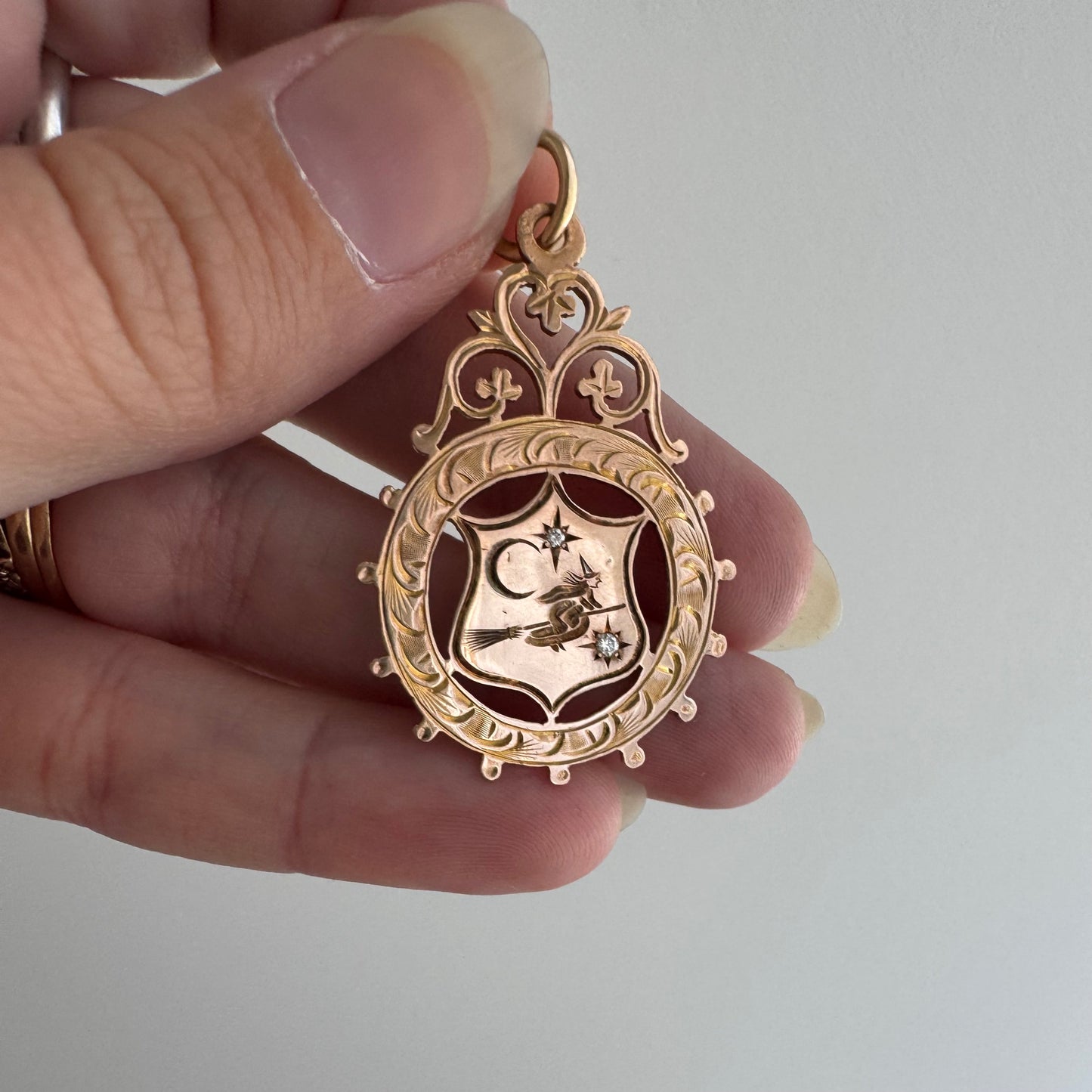 reimagined V I N T A G E // the best witch / 9k + diamonds witch flying on a broom in the night sky / a medal or pendant