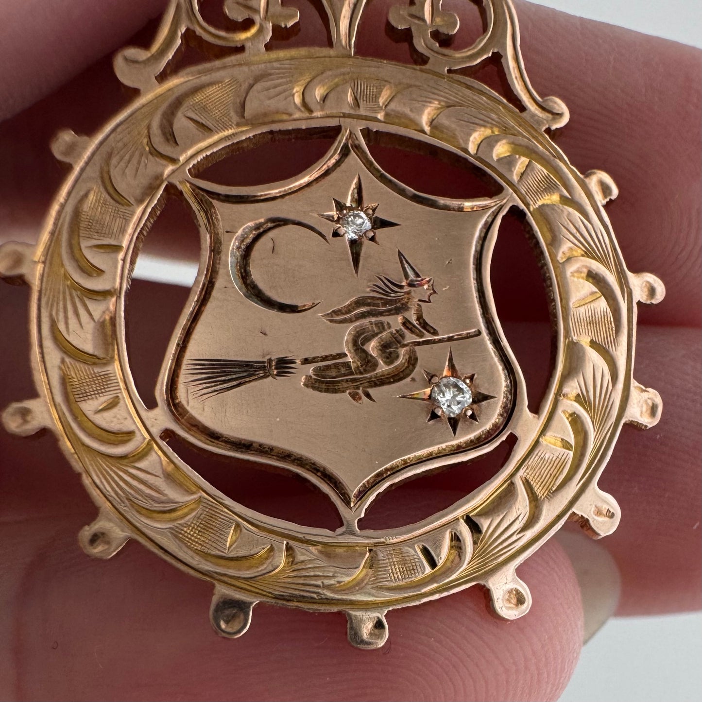 reimagined V I N T A G E // the best witch / 9k + diamonds witch flying on a broom in the night sky / a medal or pendant