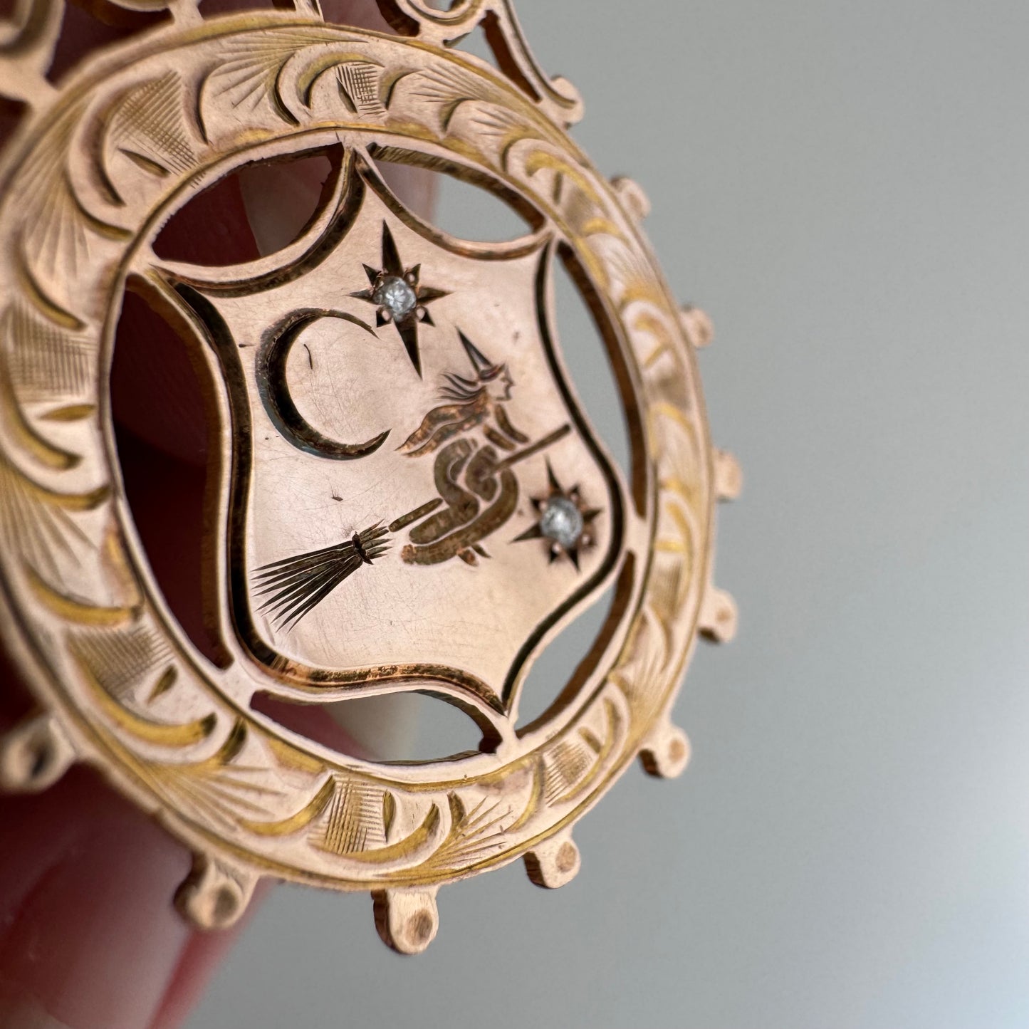 reimagined V I N T A G E // the best witch / 9k + diamonds witch flying on a broom in the night sky / a medal or pendant