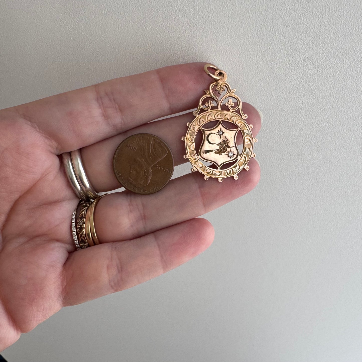 reimagined V I N T A G E // the best witch / 9k + diamonds witch flying on a broom in the night sky / a medal or pendant