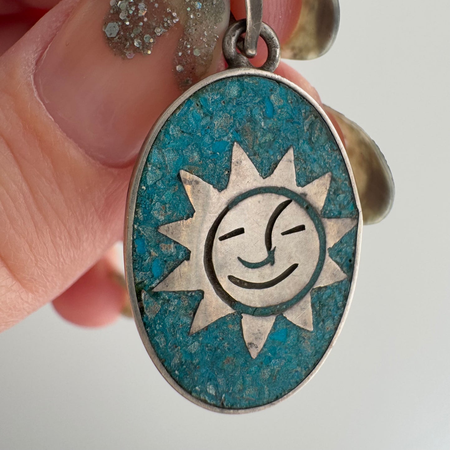 V I N T A G E // sun smile / sterling silver and crushed turquoise sun pendant / a pendant