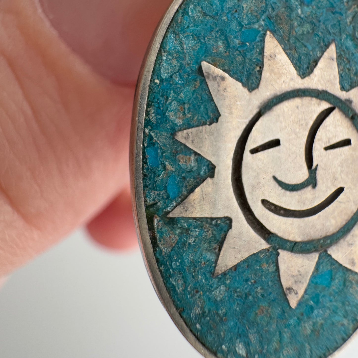 V I N T A G E // sun smile / sterling silver and crushed turquoise sun pendant / a pendant