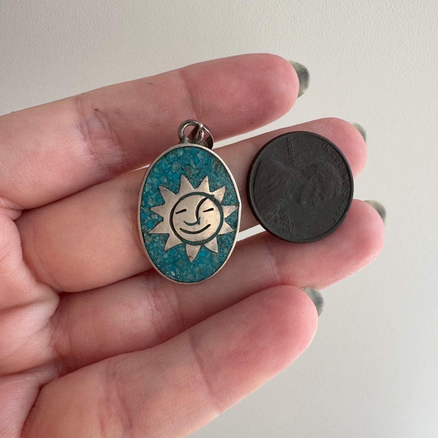 V I N T A G E // sun smile / sterling silver and crushed turquoise sun pendant / a pendant