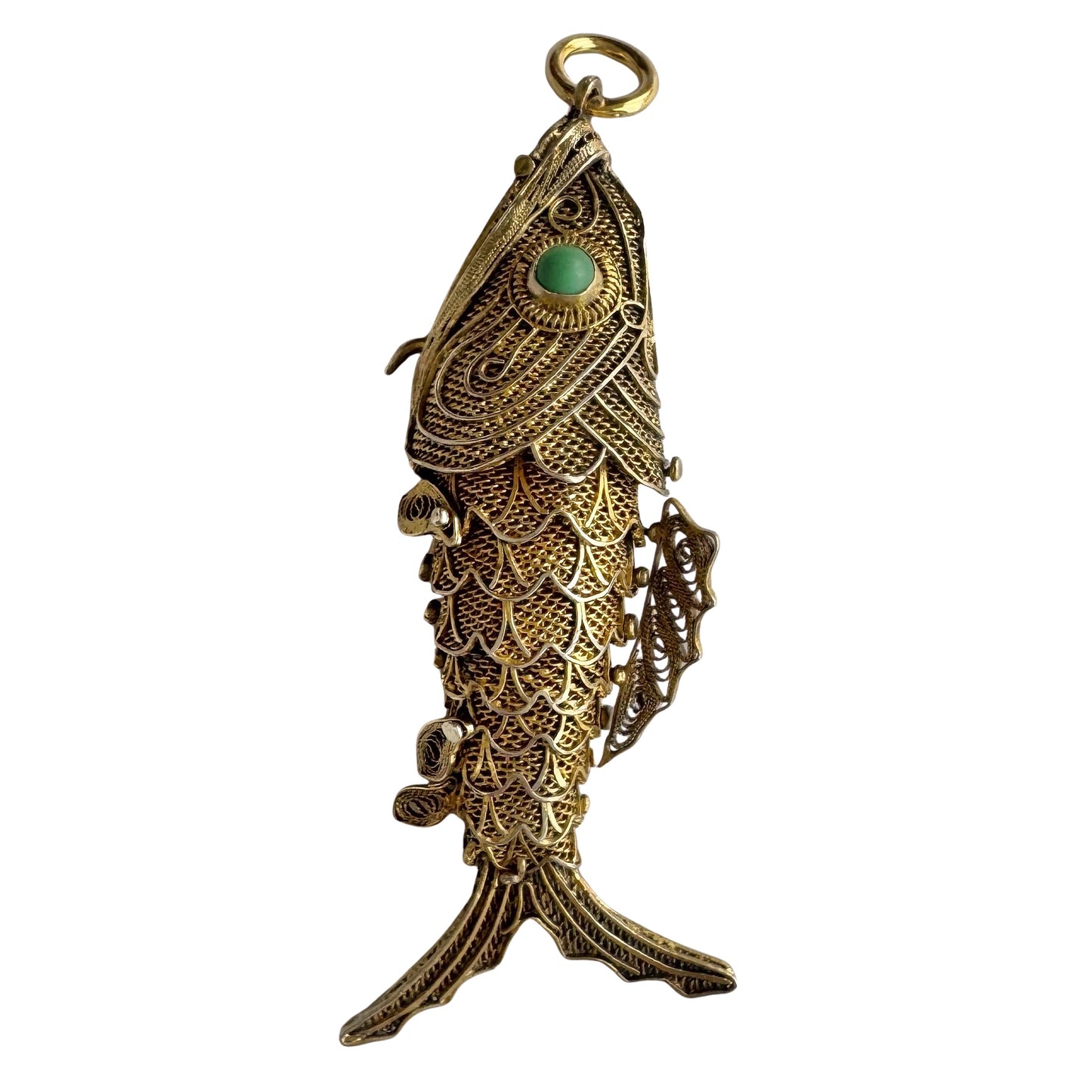 V I N T A G E // lucky catch / gold over sterling silver large articulated wiggle fish with a secret / a pendant