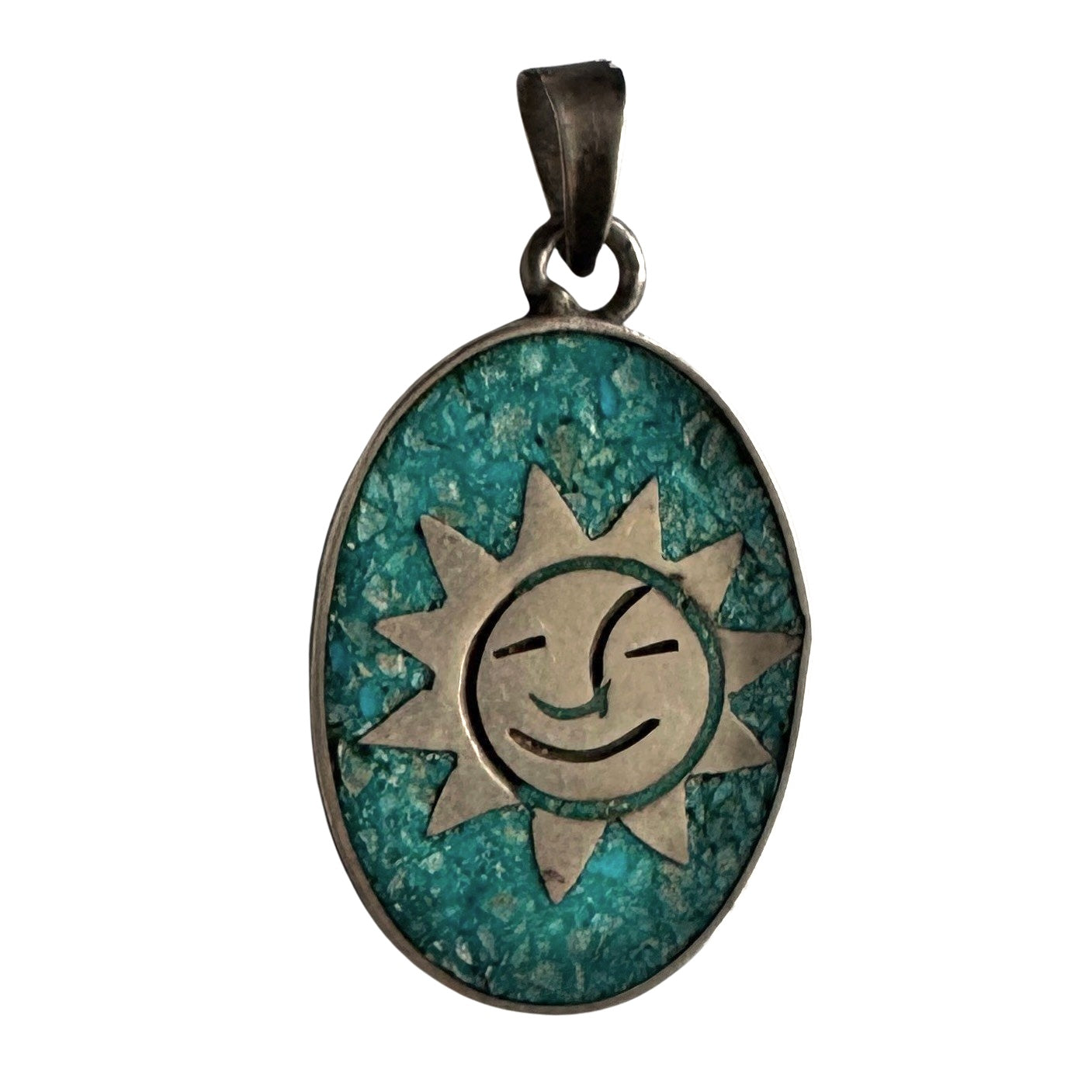 V I N T A G E // sun smile / sterling silver and crushed turquoise sun pendant / a pendant