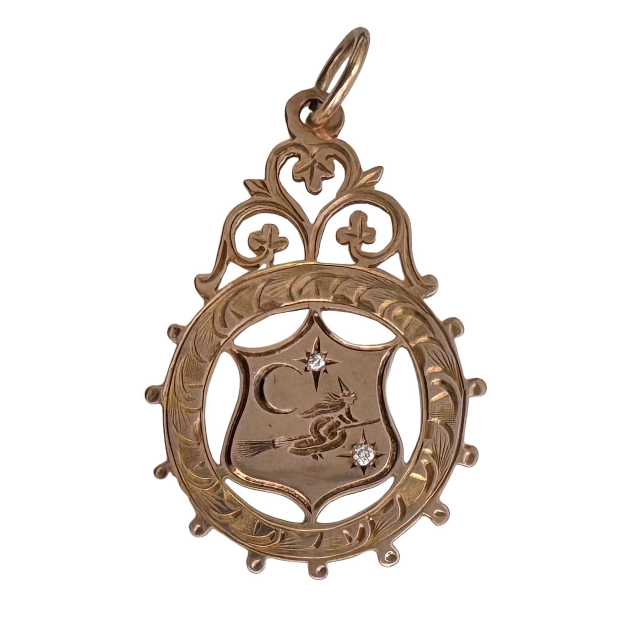 reimagined V I N T A G E // the best witch / 9k + diamonds witch flying on a broom in the night sky / a medal or pendant