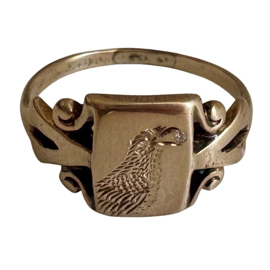 reimagined V I N T A G E // treasure seeker / 10k rosy gold signet with new crow engraving and diamond / size 4.5