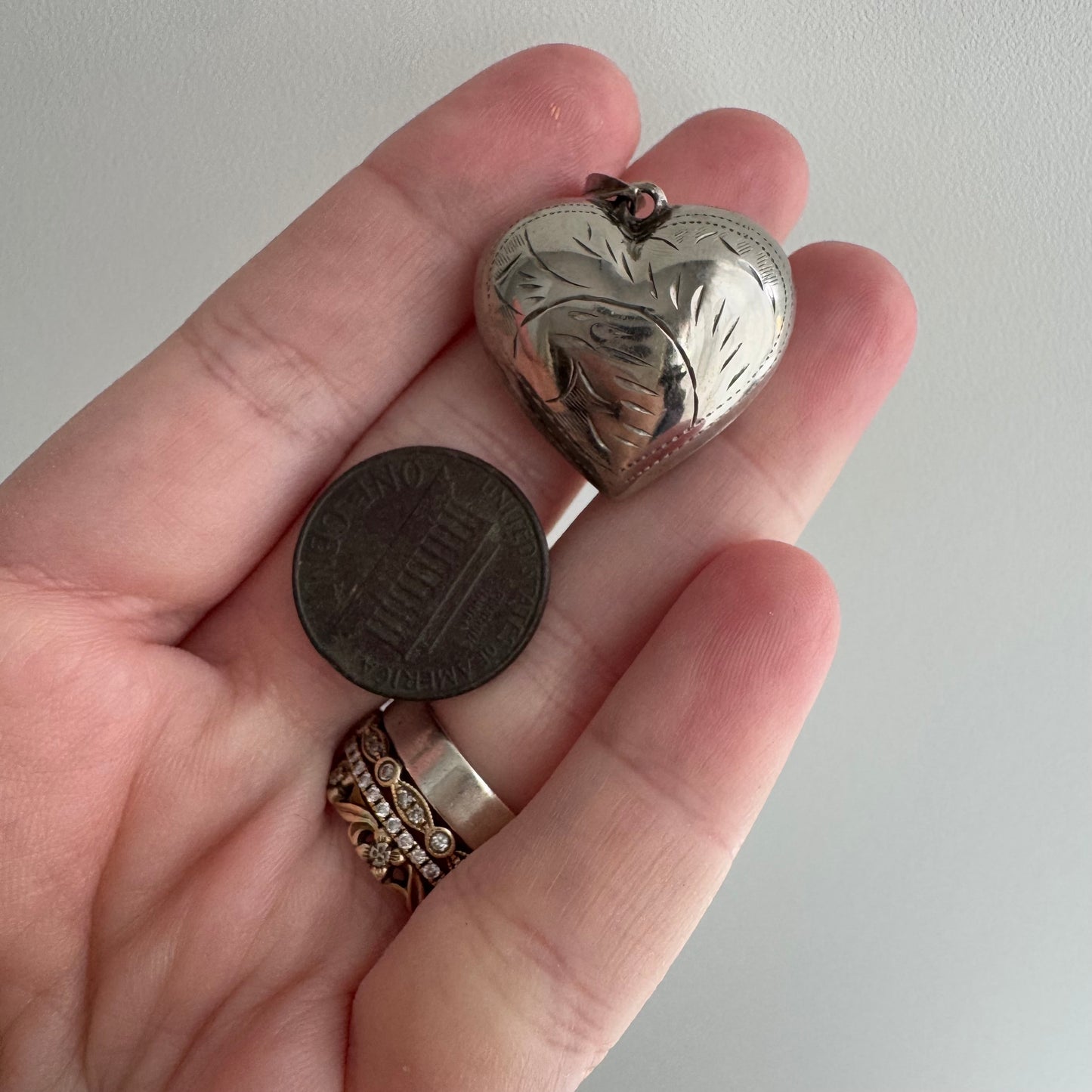 V I N T A G E // dented love / sterling silver puffy engraved heart / a pendant