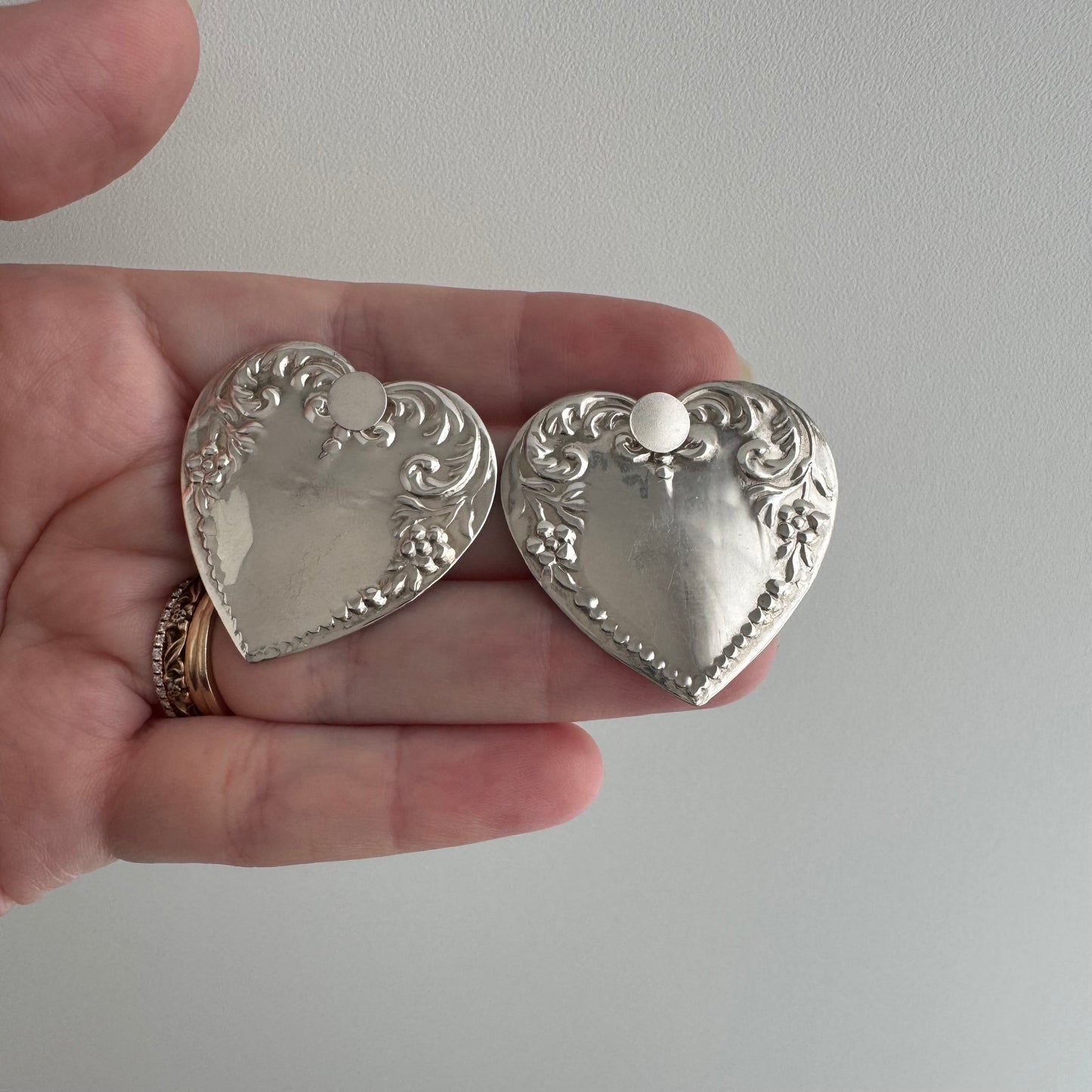 V I N T A G E // dynamic hearts / sterling silver repousse large and lightweight hearts / earring jackets