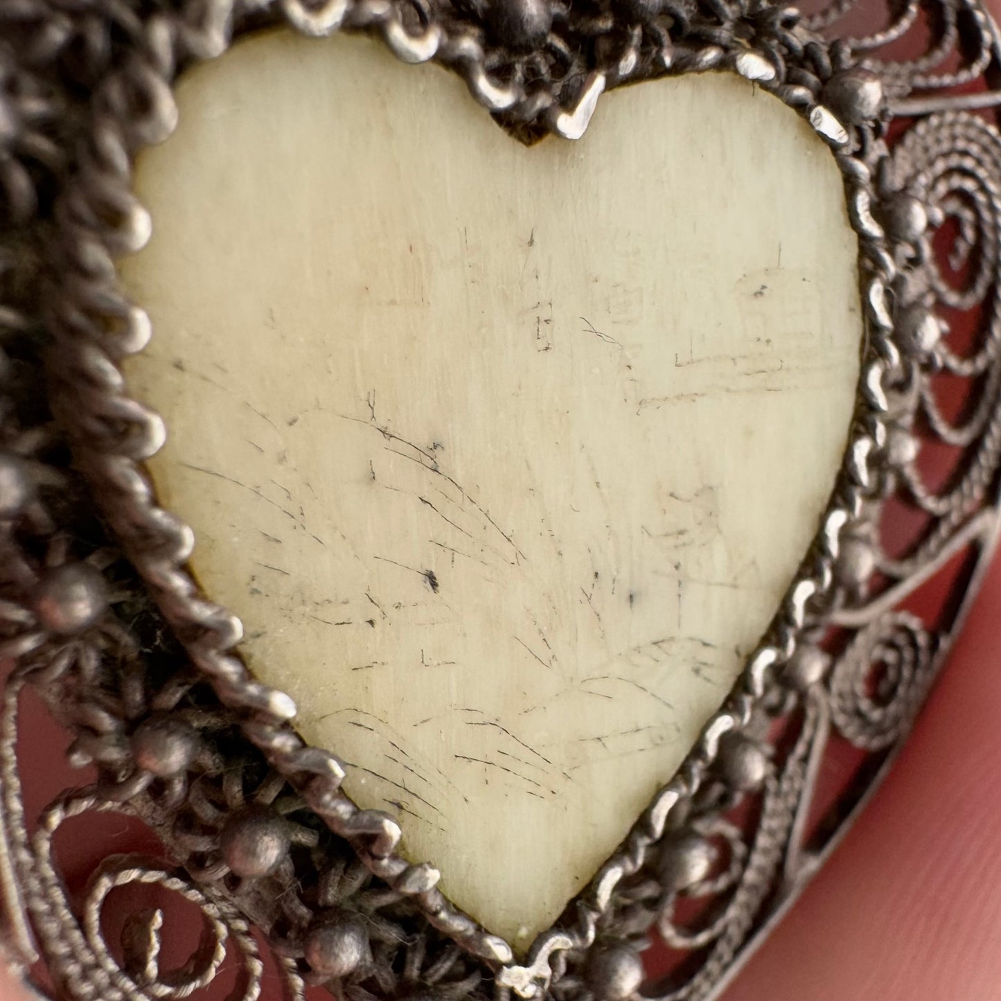 V I N T A G E // ornate heart / sterling silver filigree heart with carved bone cabochon / a pendant