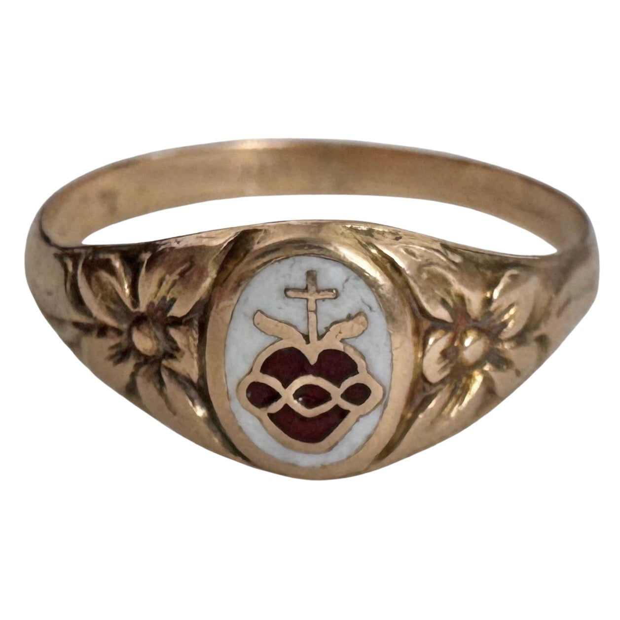 A N T I Q U E // sacred heart / 10k and enamel religious symbols signet ring / size 6.75+