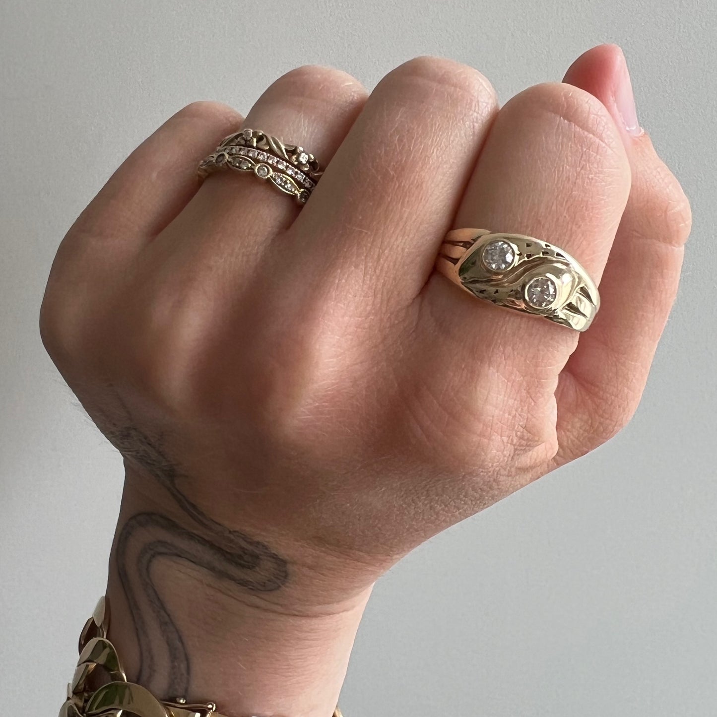 re-worked V I N T A G E // serpent stacker / 9k yellow gold and diamond double snake ring / size 9.25