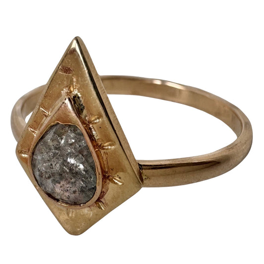 H A N D M A D E / framed drop / The Rajah Press / 14k diamond shaped shield ring with a grey rose cut diamond / size ~8.75+