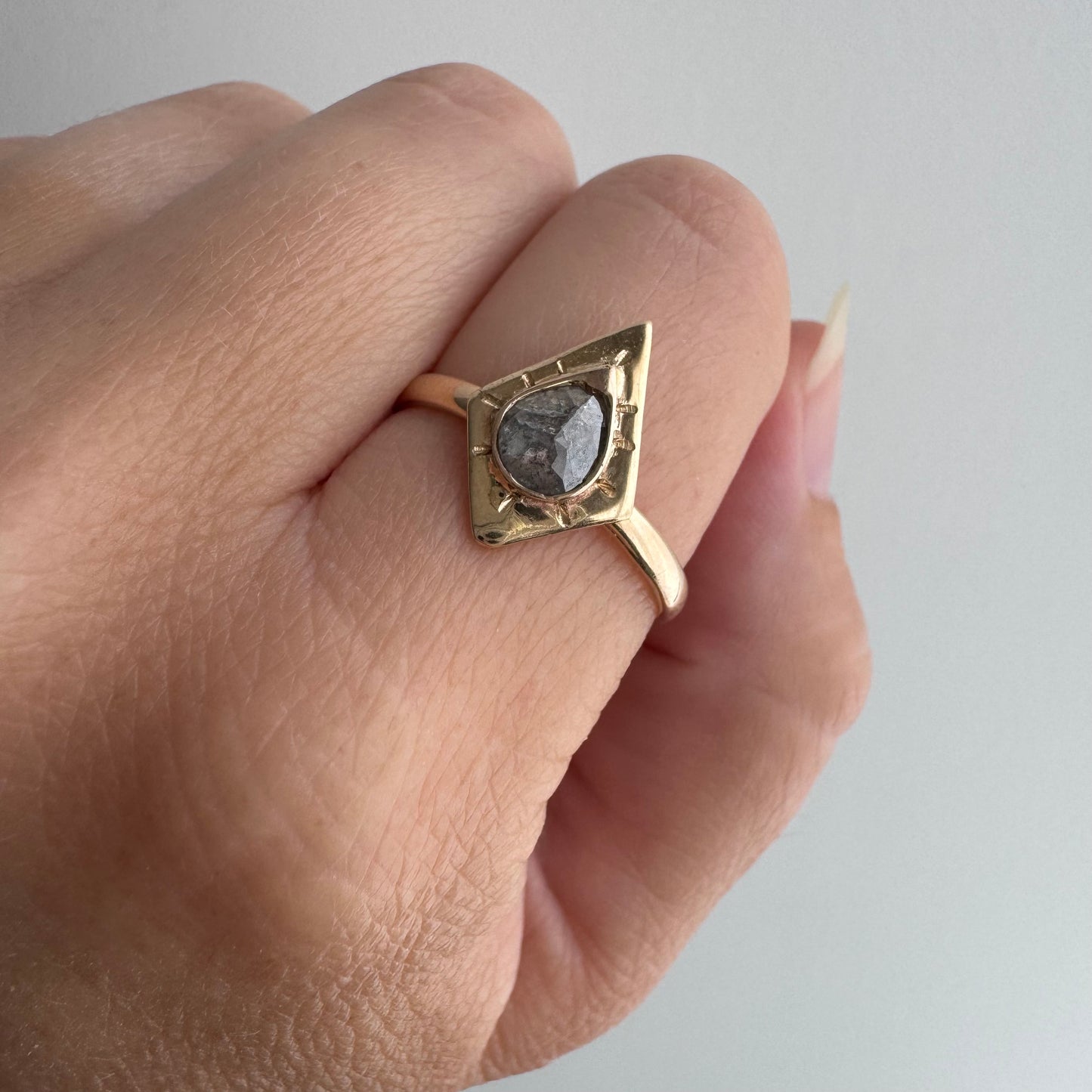 H A N D M A D E / framed drop / The Rajah Press / 14k diamond shaped shield ring with a grey rose cut diamond / size ~8.75+