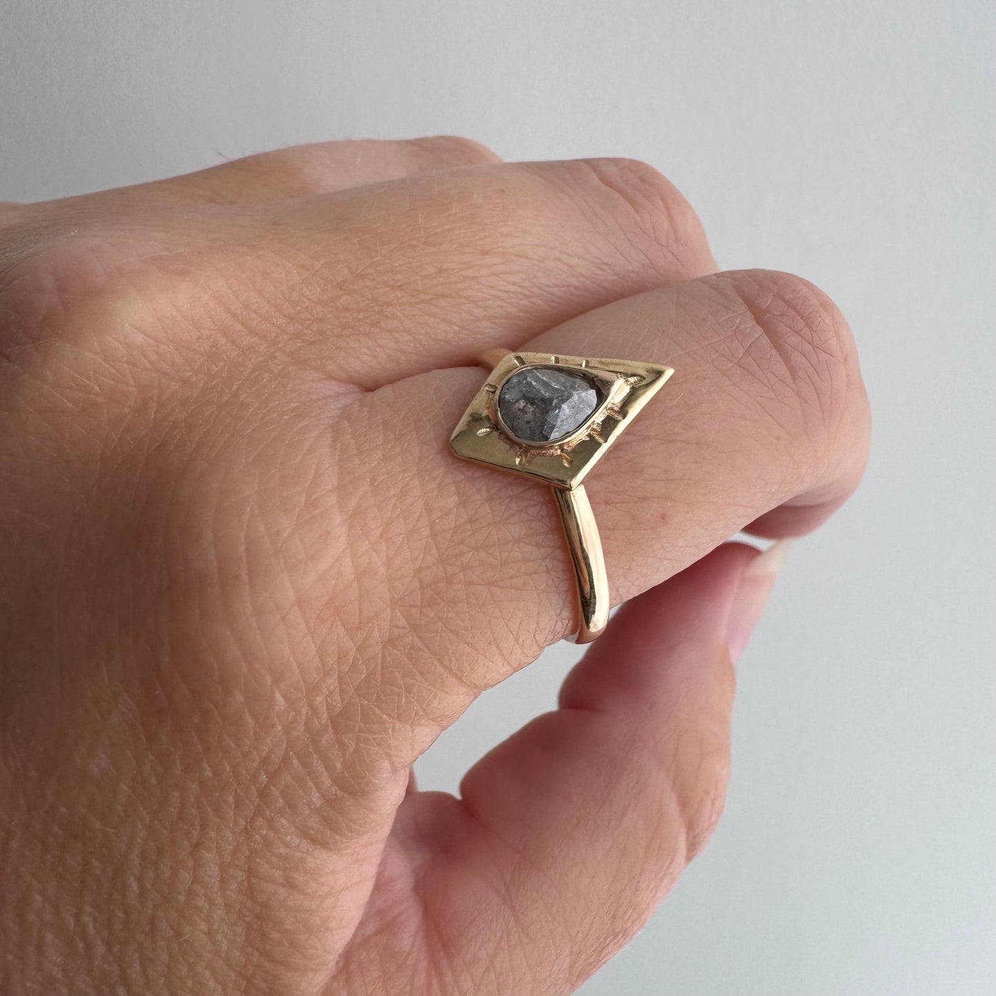 H A N D M A D E / framed drop / The Rajah Press / 14k diamond shaped shield ring with a grey rose cut diamond / size ~8.75+