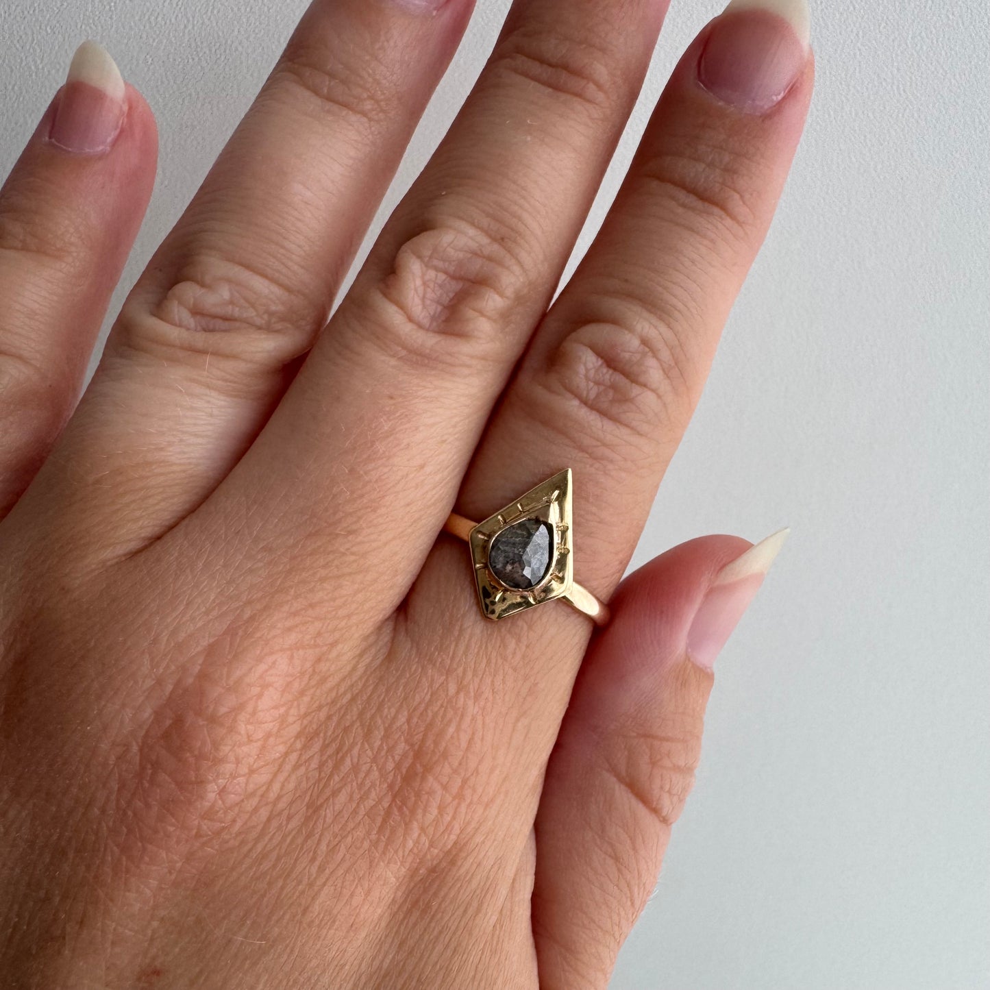 H A N D M A D E / framed drop / The Rajah Press / 14k diamond shaped shield ring with a grey rose cut diamond / size ~8.75+