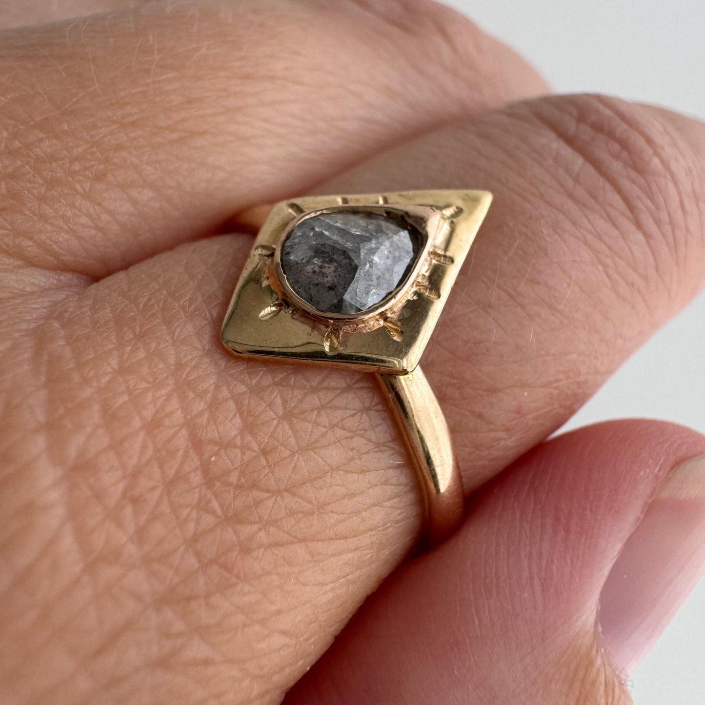 H A N D M A D E / framed drop / The Rajah Press / 14k diamond shaped shield ring with a grey rose cut diamond / size ~8.75+