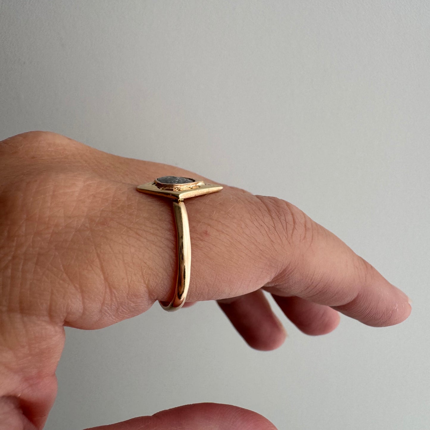 H A N D M A D E / framed drop / The Rajah Press / 14k diamond shaped shield ring with a grey rose cut diamond / size ~8.75+