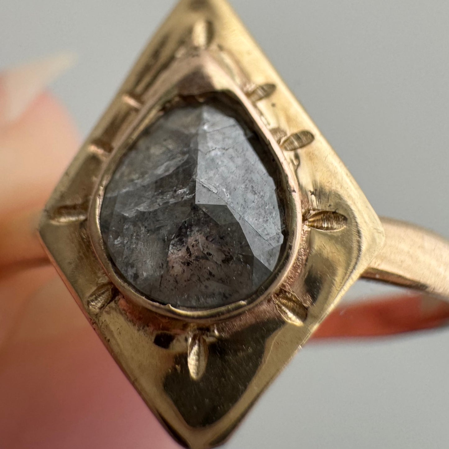 H A N D M A D E / framed drop / The Rajah Press / 14k diamond shaped shield ring with a grey rose cut diamond / size ~8.75+