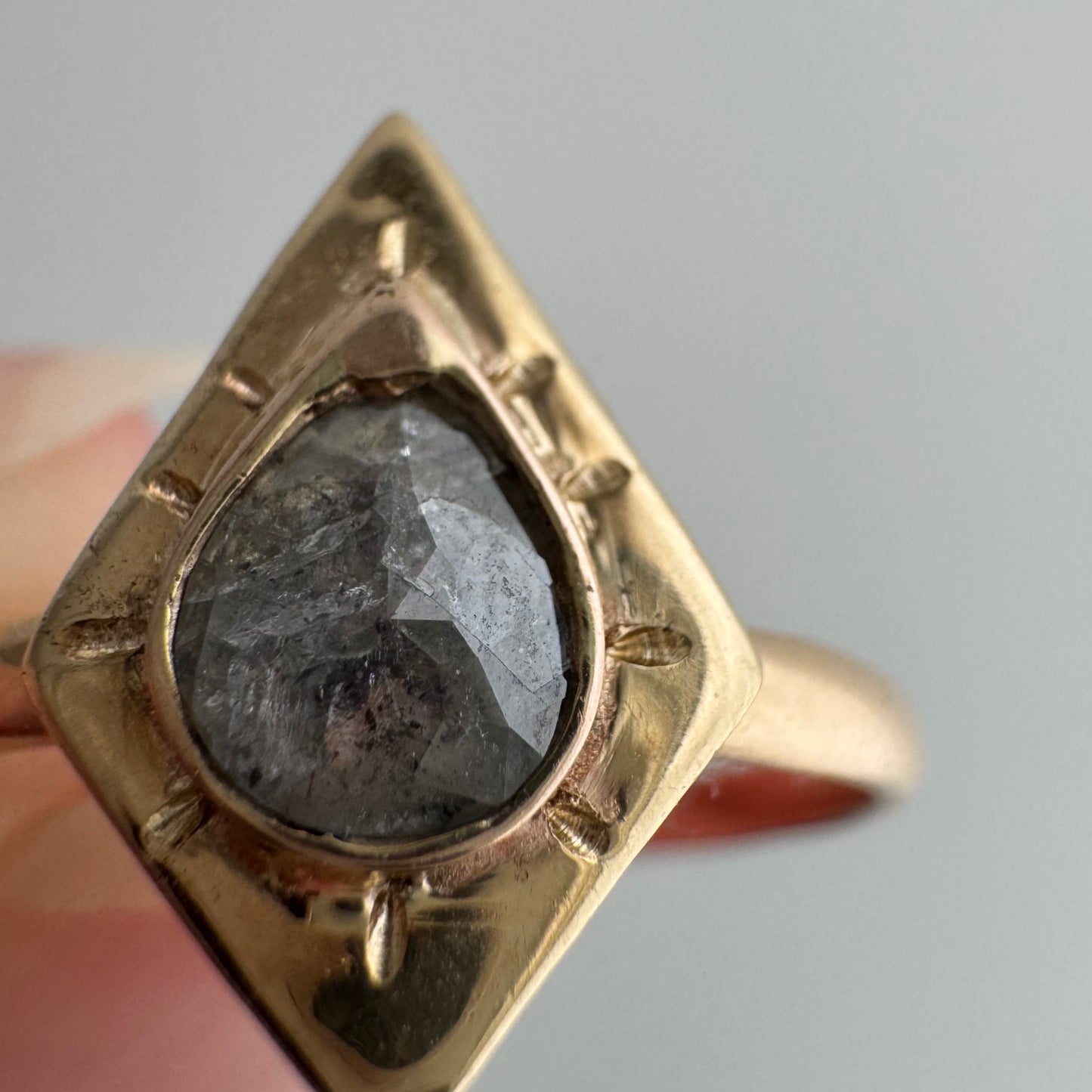 H A N D M A D E / framed drop / The Rajah Press / 14k diamond shaped shield ring with a grey rose cut diamond / size ~8.75+