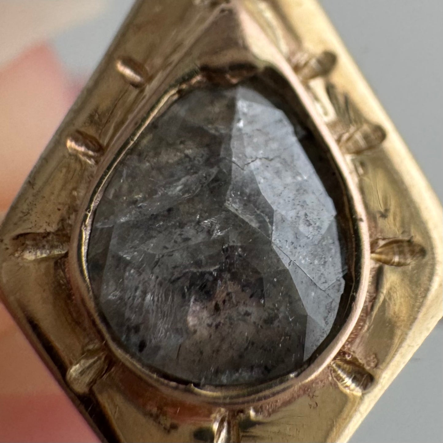 H A N D M A D E / framed drop / The Rajah Press / 14k diamond shaped shield ring with a grey rose cut diamond / size ~8.75+