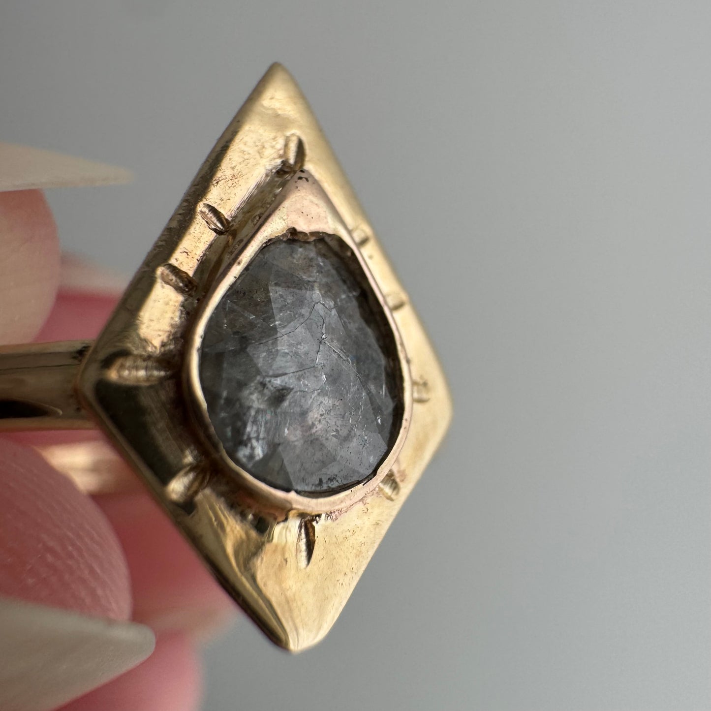 H A N D M A D E / framed drop / The Rajah Press / 14k diamond shaped shield ring with a grey rose cut diamond / size ~8.75+