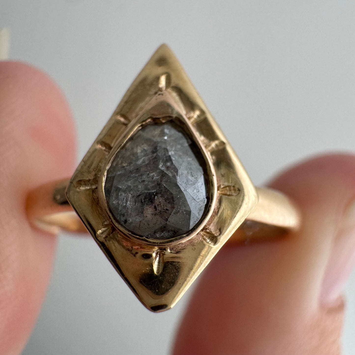H A N D M A D E / framed drop / The Rajah Press / 14k diamond shaped shield ring with a grey rose cut diamond / size ~8.75+