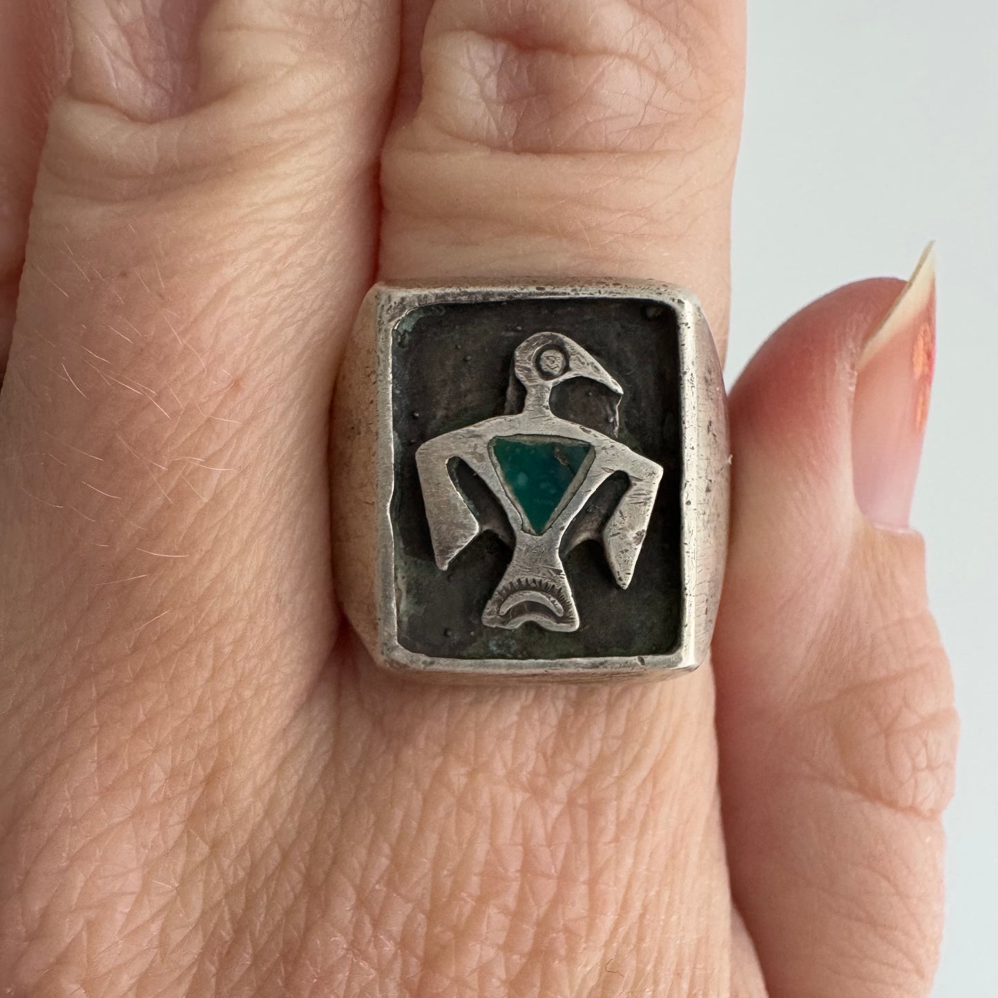 V I N T A G E // southwest signet / sterling silver and turquoise thunderbird signet ring / size 8.5