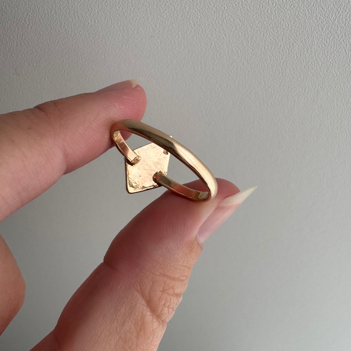 H A N D M A D E / framed drop / The Rajah Press / 14k diamond shaped shield ring with a grey rose cut diamond / size ~8.75+